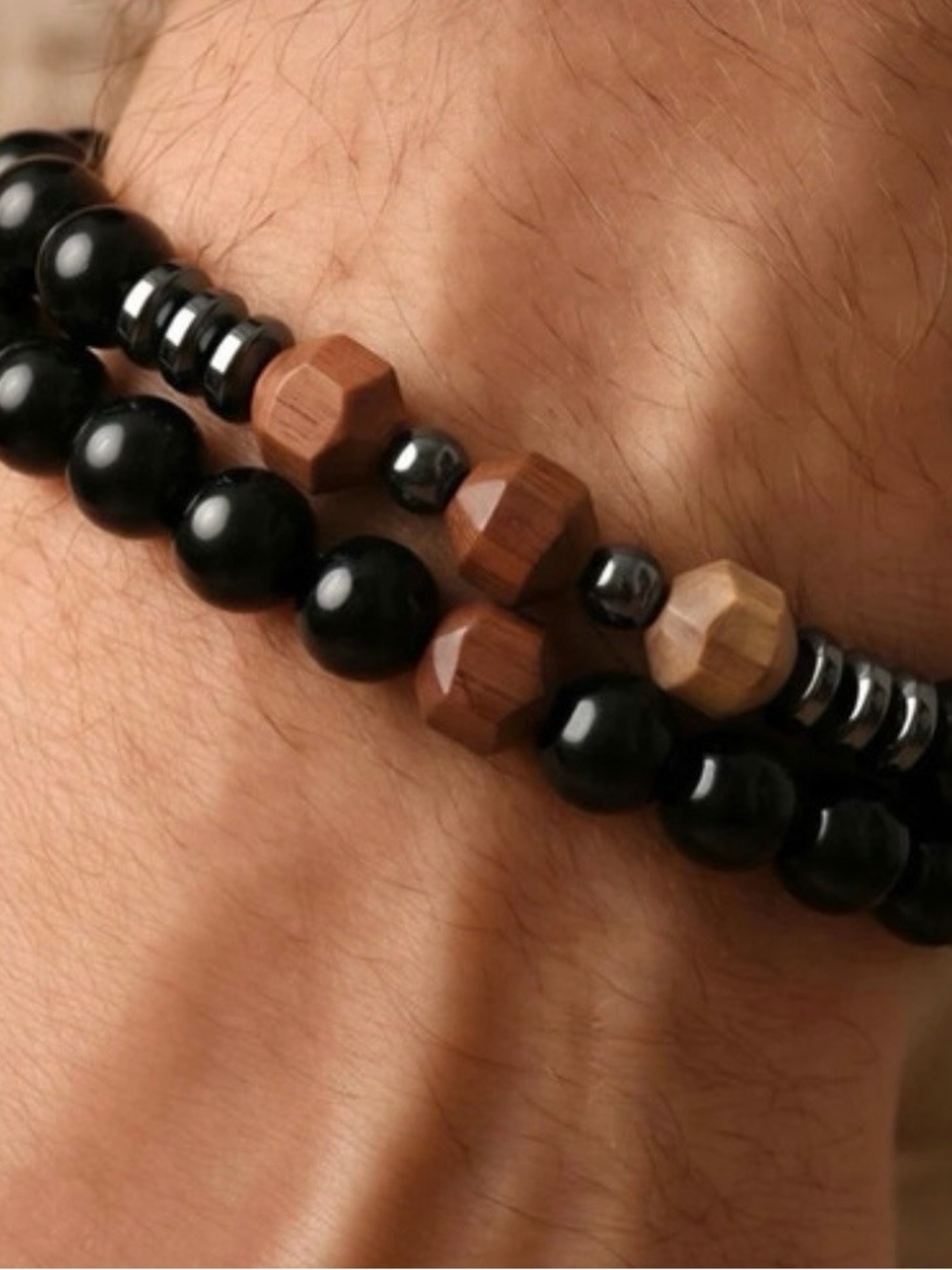 Fashion Jewelry Black and Brown Men's Beaded Bracelet Set